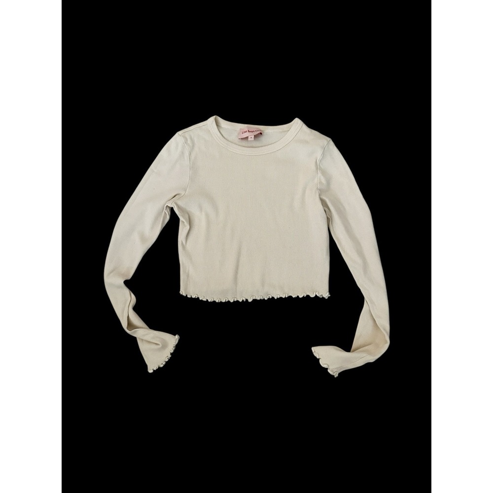 Lisa Says Gah‎ Long Sleeve Crop Top Sz Small Lettuce Trim Beige Neutral - Picture 7 of 9